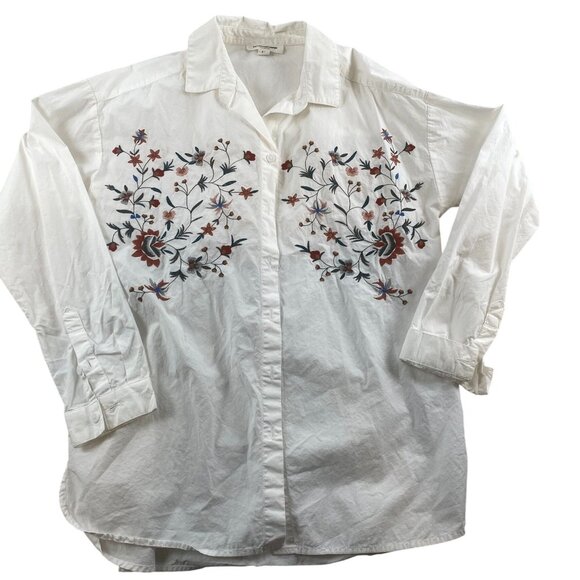 Beachlunchlounge Womens White Button-Up Shirt Small Boho Floral Embroidery - Picture 1 of 7